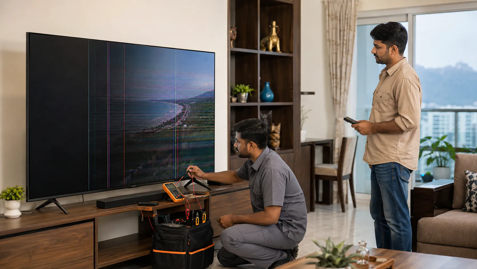 Onida TV repair technician checking display and power problems in Vizag