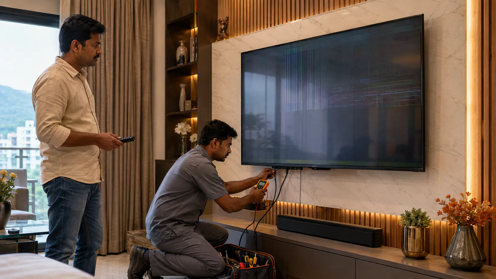 Philips TV Repair Vizag technician checking LED Smart TV