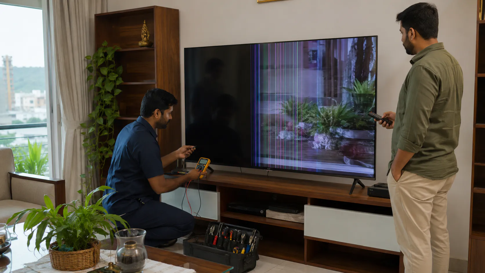Philips TV technician checking display and power problems in Vizag