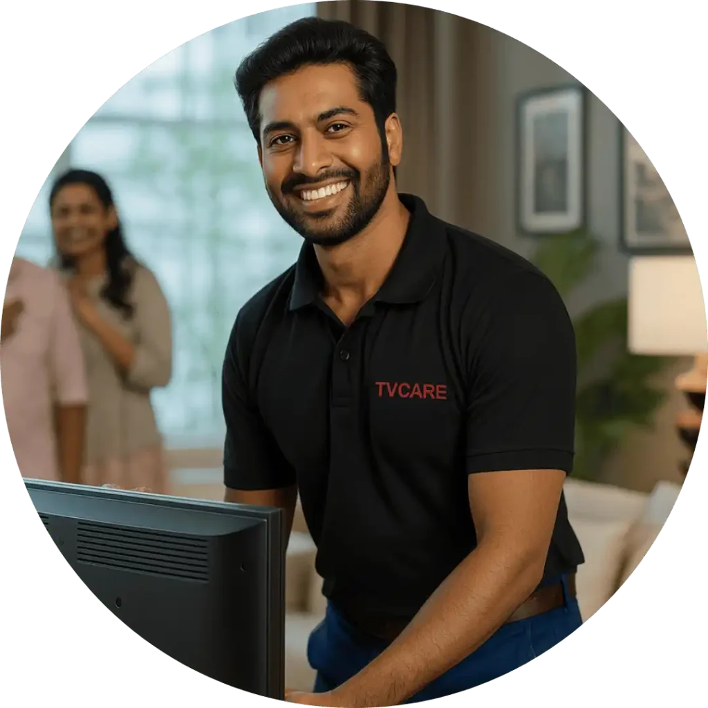 Experienced TVcaree technician delivering a repaired TV to a customer’s home with a friendly smile.