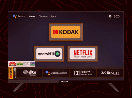 Kodak smart TV home screen displayed on a stand, representing Kodak TV repair service by TVcaree.