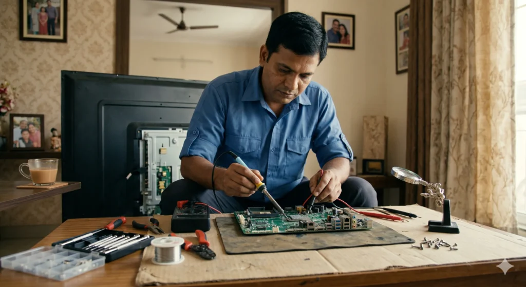 TV technician repairing a smart TV motherboard